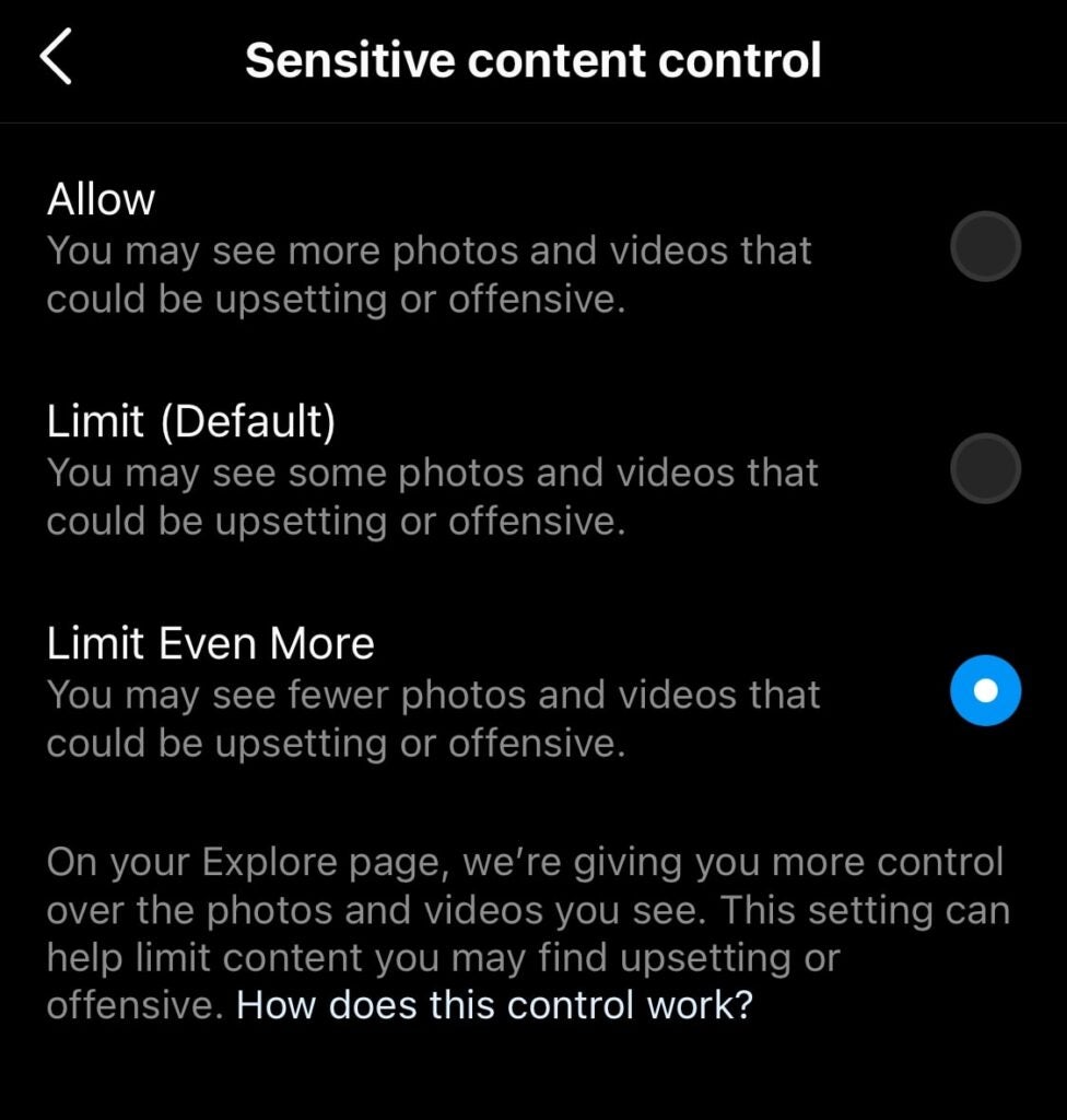 Die von Instagram bereitgestellten Optionen, um sensible Inhalte von der Erkundungsseite eines Benutzers fernzuhalten.
