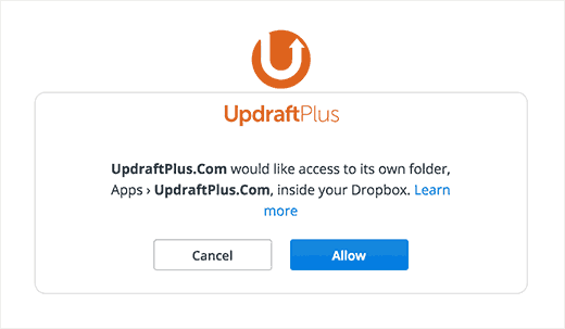 Erlaube UpdraftPlus den Zugriff auf Dropbox