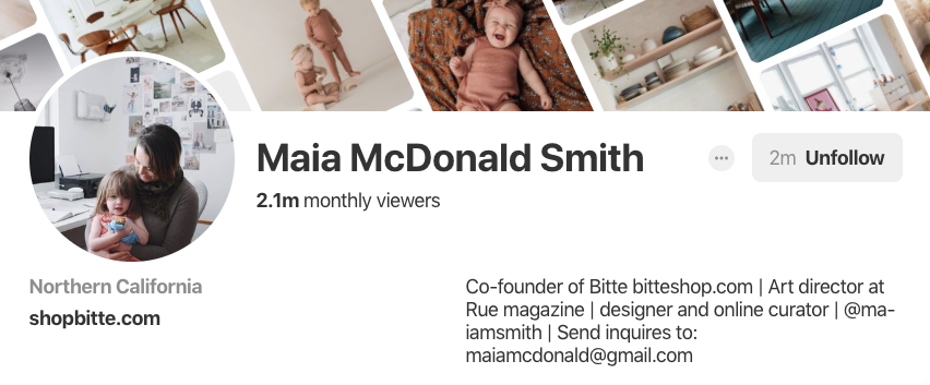 Pinterest-Biografie für Maia McDonald Smith