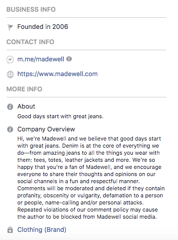 Facebook-Biografie für Madewell