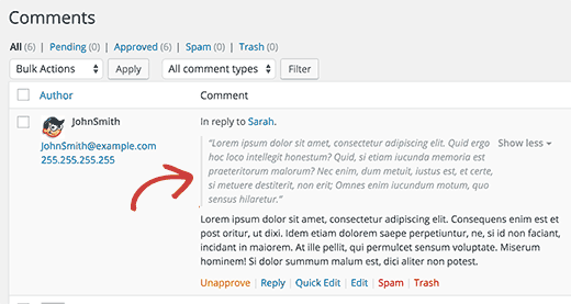 Der Elternkommentar wird über dem Kinderkommentar auf dem WordPress-Kommentarmoderationsbildschirm angezeigt