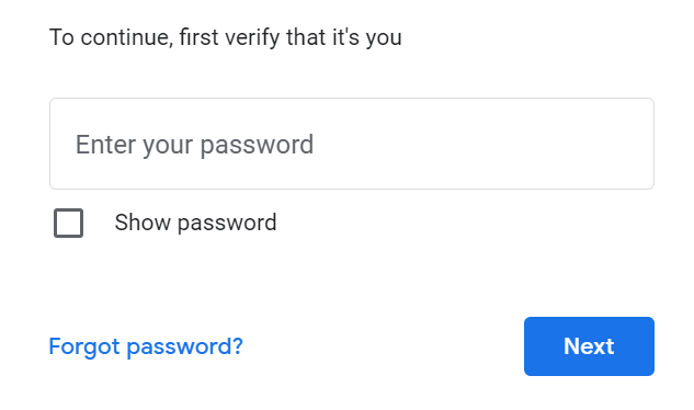 Geben Sie den Passwort-Bildschirm von Google mit einem Kontrollkästchen zum Anzeigen des Passworts, einer Passwort-Vergessen-Option und einer Weiter-Schaltfläche ein