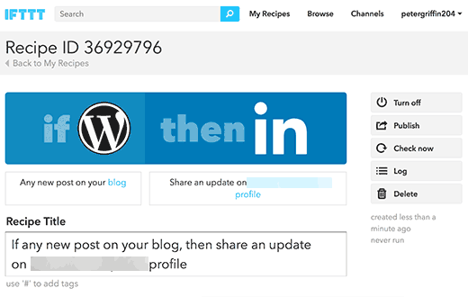 Ihr WordPress zu LinkedIn-Rezept auf IFTTT