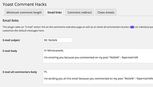 Einstellungen für E-Mail-Links in Yoast Comment Hacks