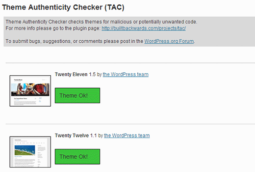 Theme Authenticity Checker zeigt Ergebnisse an