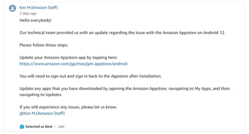 Amazon Appstore funktioniert nicht mit Android 12