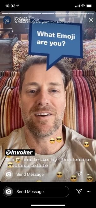 Instagram Story von Themelocal CEO Ryan Holmes, der den Emoji Roulette Instagram AR Filter verwendet