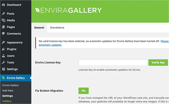 Envira Gallery-Lizenzschlüssel hinzufügen