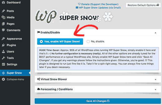 WP Super Snow-Einstellungsseite