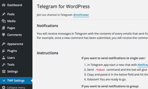 Telegramm für WordPress-Einstellungen