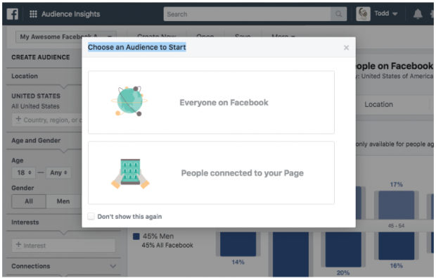 Optionen zum Auswählen einer Zielgruppe im Facebook Audience Insights-Dashboard