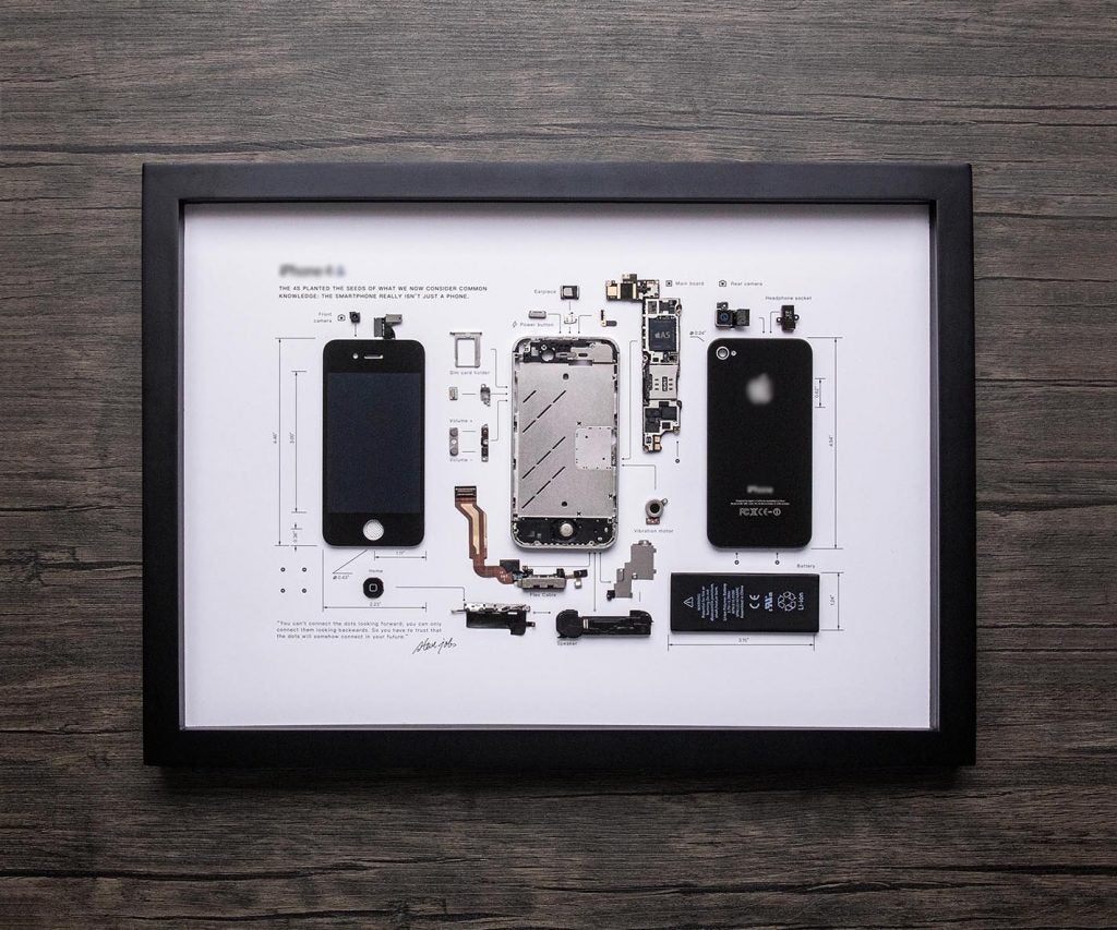 Ein Fotorahmen auf einem Holzhintergrund mit einem Foto zeigt das iPhone 4s vollständig geöffnet und jede Einheit separat platziert, wobei jedes Teil auf einem weißen Hintergrund beschriftet ist