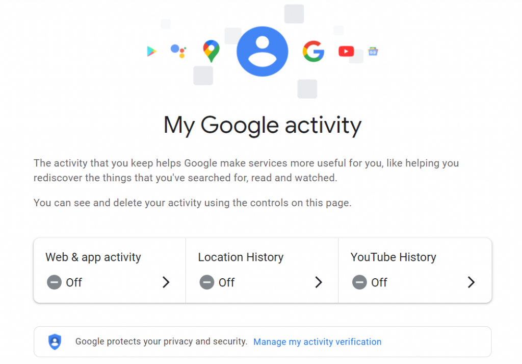 Mein Google-Aktivitätsbildschirm mit Optionen wie Standortverlauf, YouTube-Verlauf usw.