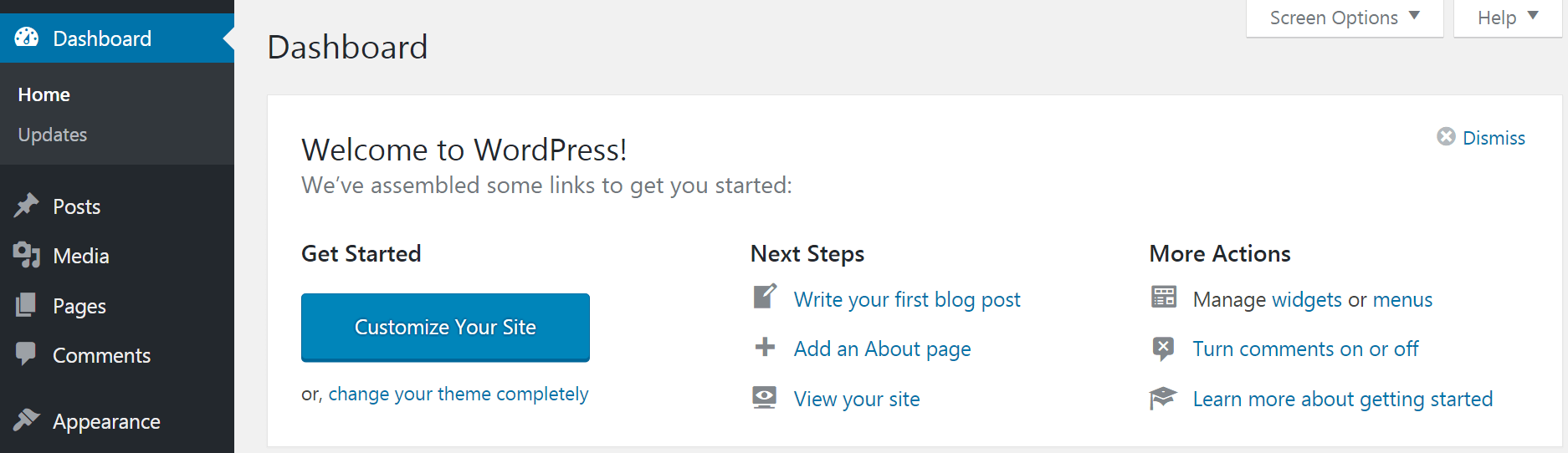 Das Willkommens-Widget im WordPress-Dashboard.