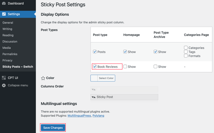 Besuchen Sie die Einstellungen » Sticky Posts - Seite wechseln, um das Plugin zu konfigurieren