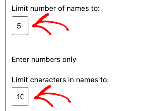 Begrenzen Sie die Anzahl der Namen und Zeichen