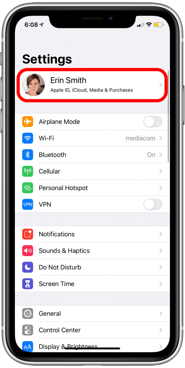 Tippen Sie auf Ihr Apple-ID-Profil, um die Einstellungen für die Kontaktsynchronisierung zu überprüfen