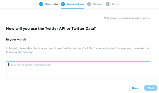Geben Sie Answers for Twitter API und den Verwendungszweck der Daten ein