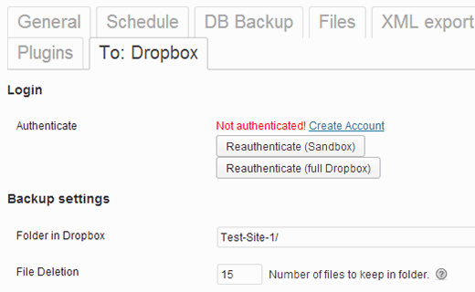 Authentifizieren Sie sich bei Dropbox, um Ihre Backups in Dropbox zu speichern