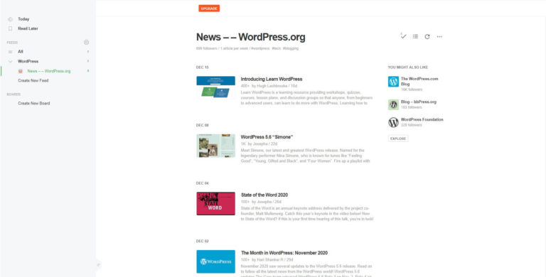 Der RSS-Feed-Reader Feedly zeigt den Newsfeed von WordPress.org an