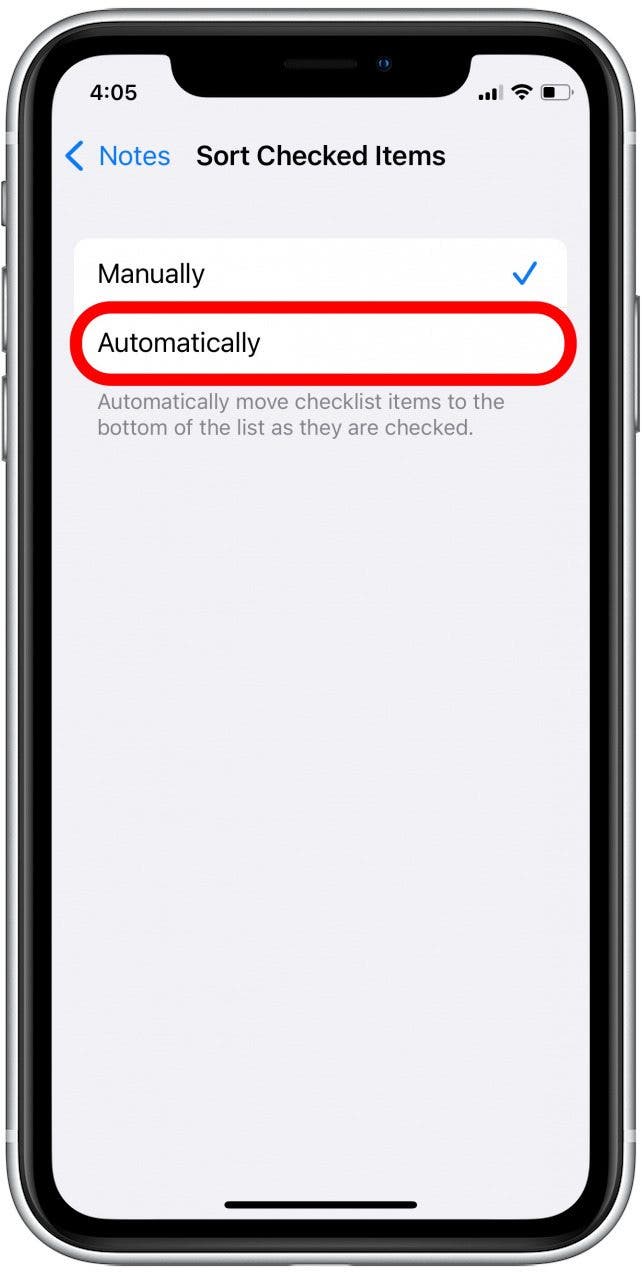 Tippen Sie hier, um markierte Elemente automatisch zu sortieren.  Jetzt verschiebt Ihr Checklisten-Notizblock in der Notizen-App markierte Elemente nach unten. 