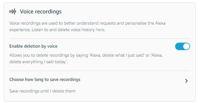 Alexa verwaltet die Sprachaufzeichnungseinstellungen