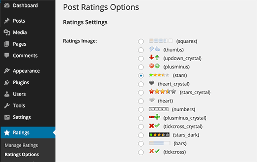 Einstellungsseite für WP Post Ratings
