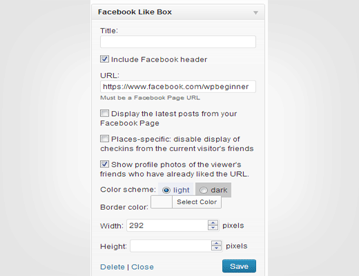 Facebook Like Box / Fan Box Widget-Einstellungen