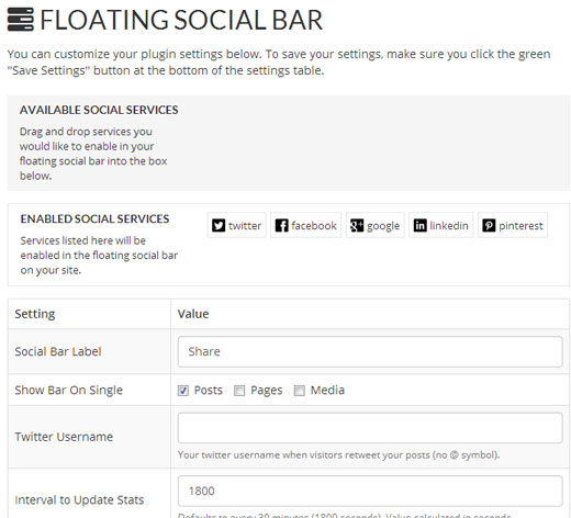 Floating Social Bar Admin-Bildschirm
