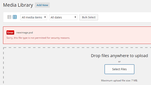 WordPress-Upload-Fehler: Dieser Dateityp ist aus Sicherheitsgründen nicht zulässig.