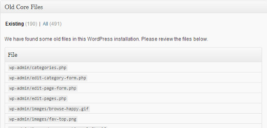 Alte WordPress-Core-Dateien auflisten