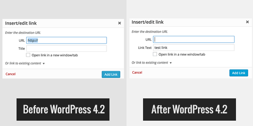 In WordPress 4.2 wird das Feld für den Linktitel durch den Linktext ersetzt