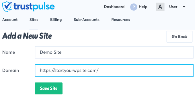 Fügen Sie Ihre Website-Details zu TrustPulse hinzu