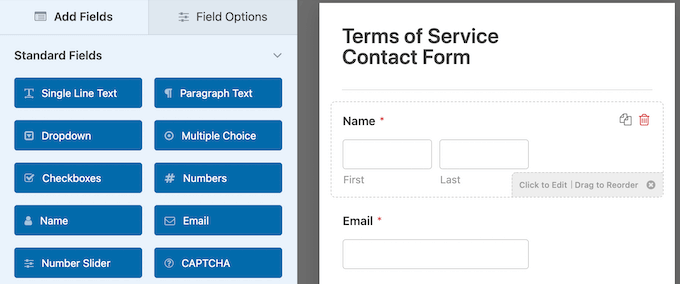 Nutzungsbedingungen Kontaktformular-Editor-Bildschirm