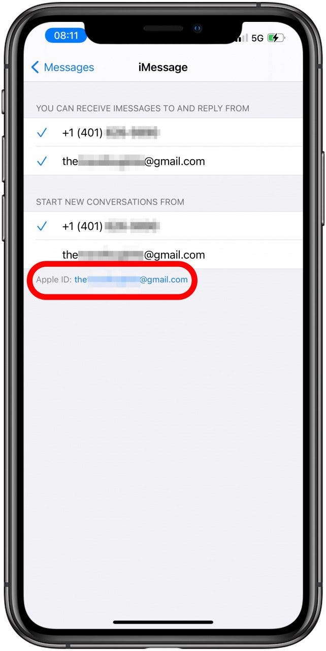 Wenn es immer noch nicht funktioniert, versuchen Sie, sich von iMessage abzumelden, indem Sie unter Senden und Empfangen auf Ihre Apple-ID tippen.