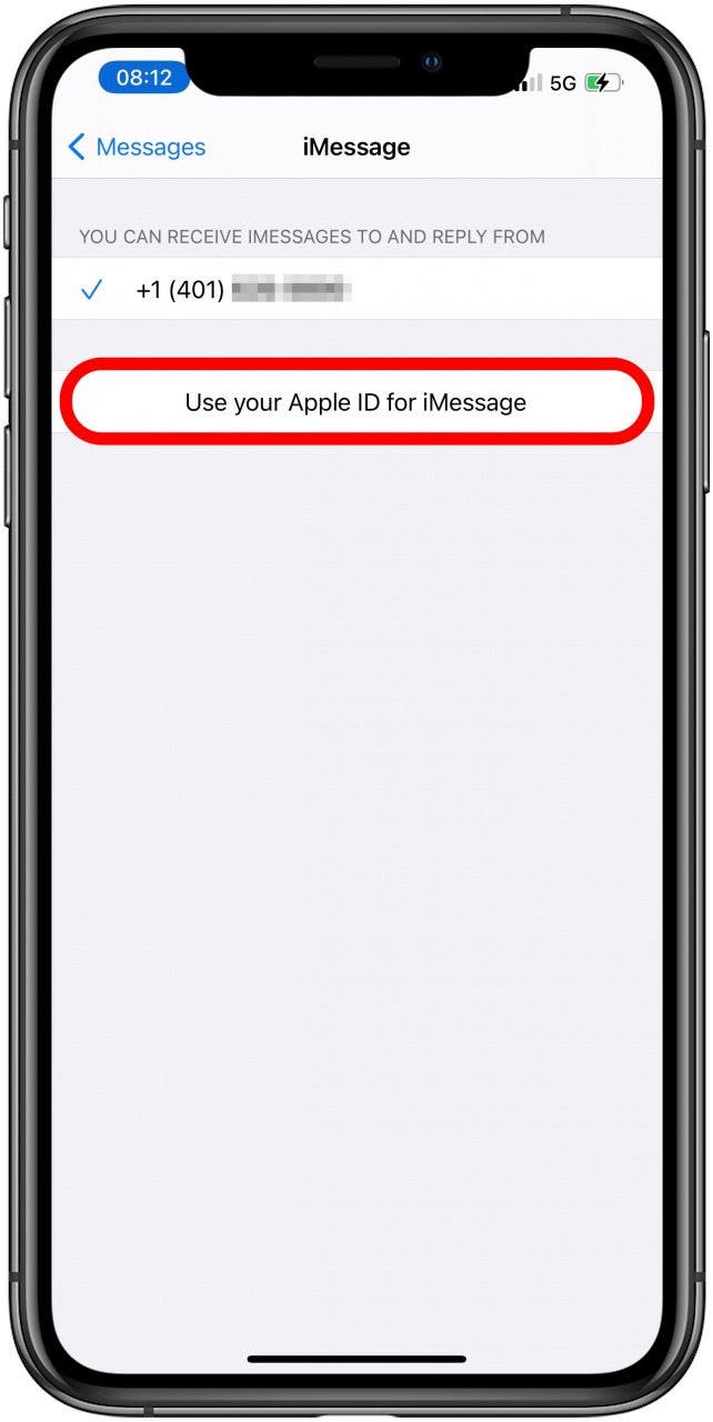 Tippen Sie auf Ihre Apple-ID für iMessage verwenden.