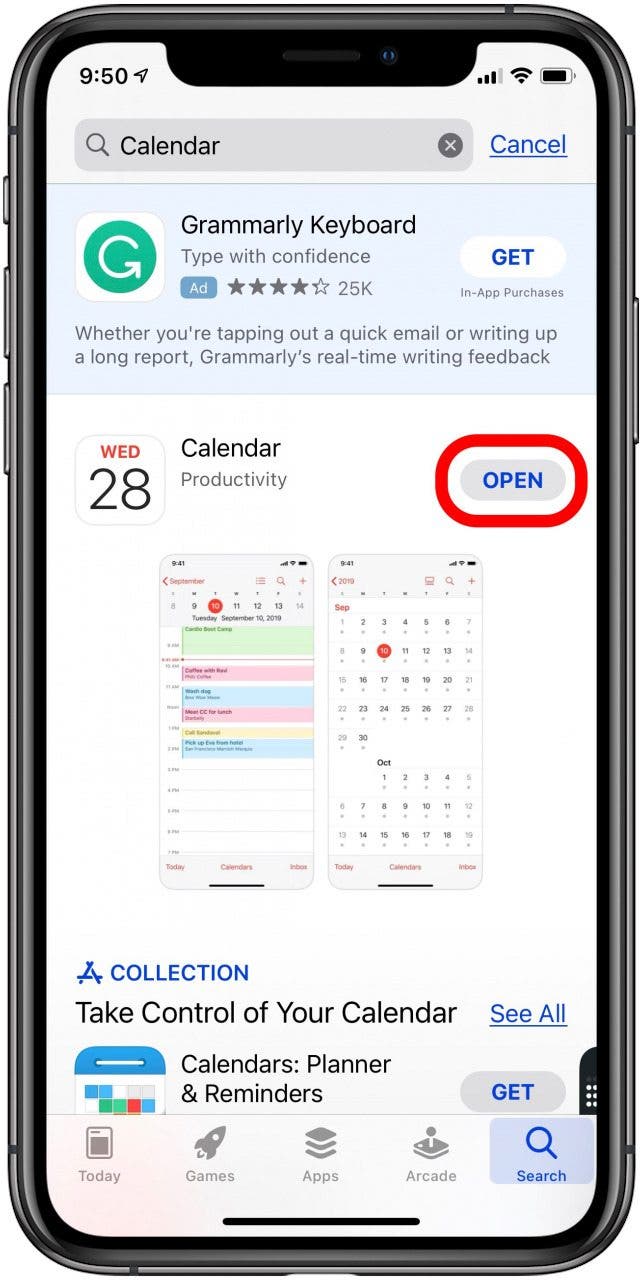 Tippen Sie auf Öffnen, um die Kalender-App zu öffnen