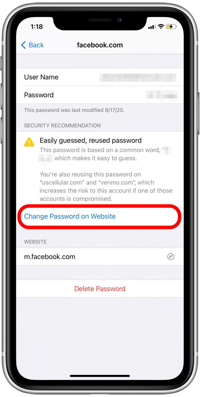 Tippen Sie auf der Website auf Passwort ändern