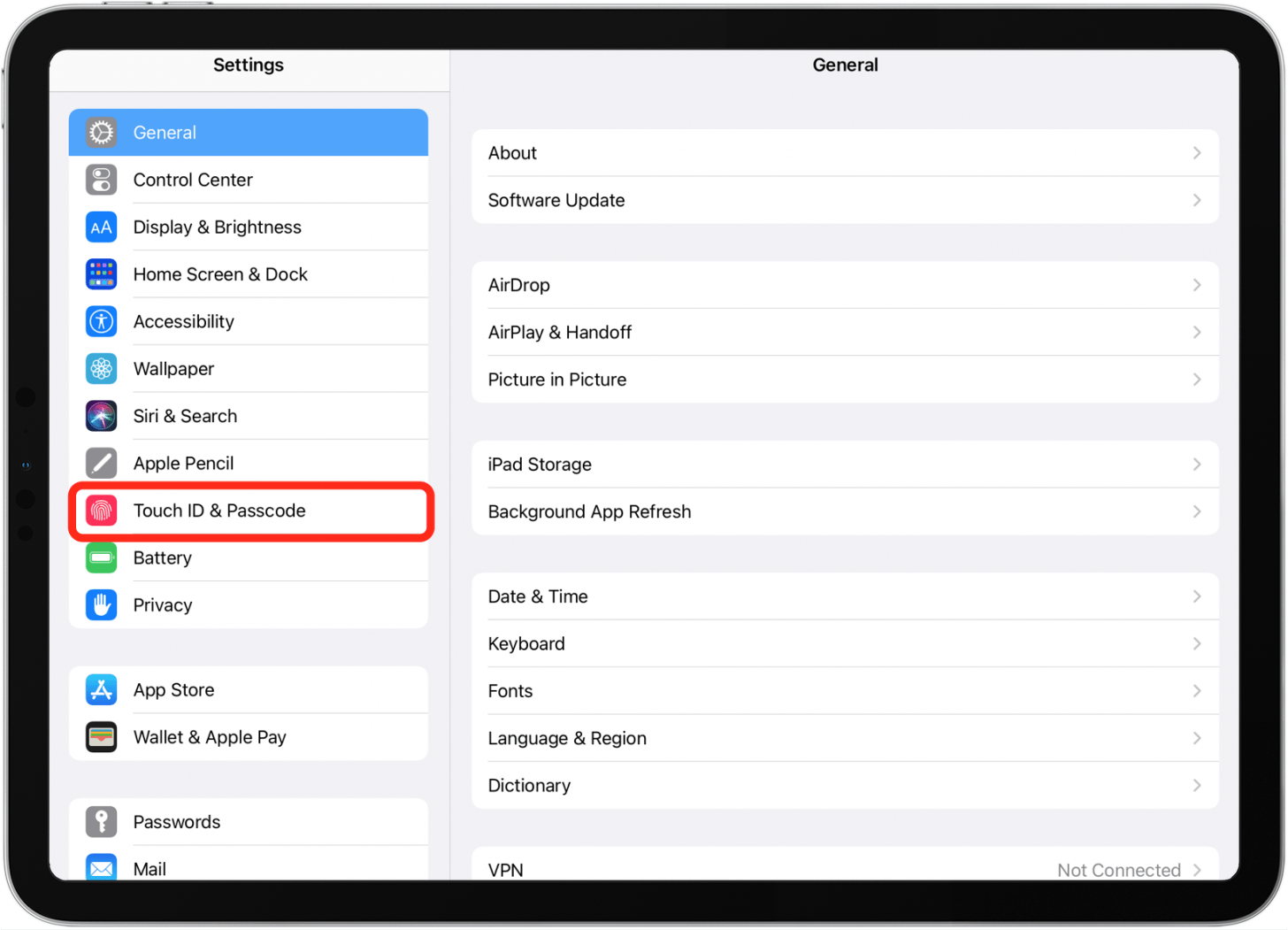 Touch-ID-Einstellungen auf dem iPad
