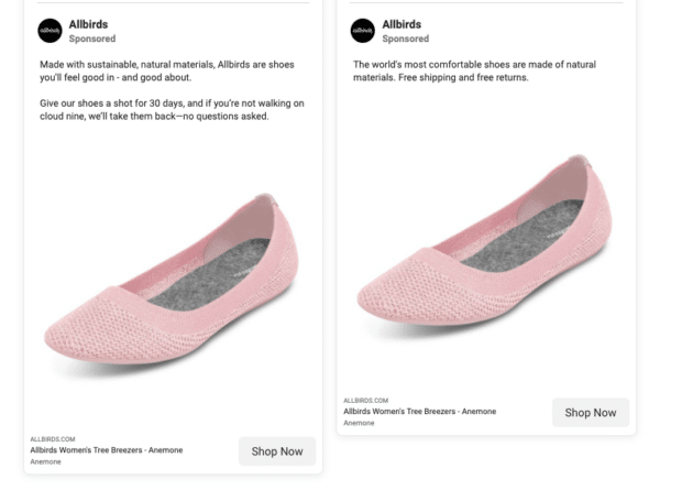 Schuhwerbung von Allbirds in der Facebook-Werbebibliothek