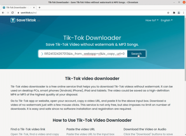Benutzeroberfläche des SaveTikTok-Browsertools