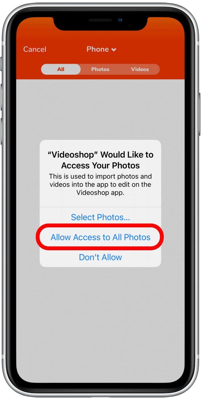 Tippen Sie auf Zugriff auf alle Fotos erlauben.  Sie können der App alternativ Zugriff auf bestimmte einzelne Fotos/Videos gewähren, wenn Sie dies bevorzugen.