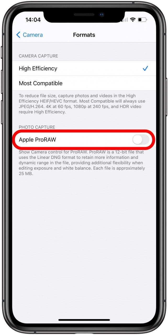 Schalten Sie Apple ProRAW ein, um RAW-Fotos zu aktivieren oder zu deaktivieren.