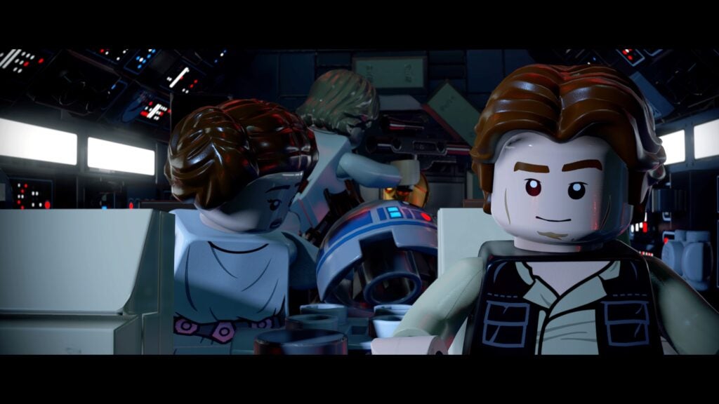 Han Solo, Prinzessin Leia, R2D2 und Luke Skywalker an Bord der Millenium Falcon