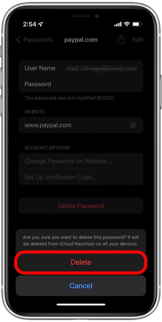Tippen Sie einfach auf Löschen, um das gespeicherte Passwort dauerhaft von Ihrem iPhone zu löschen