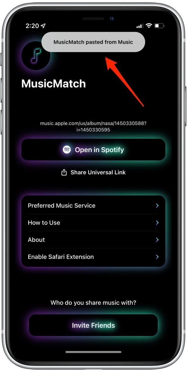 Fügen Sie den Song-Link in die MusicMatch-App ein