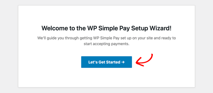 Der Einrichtungsassistent von WP Simple Pay startet automatisch