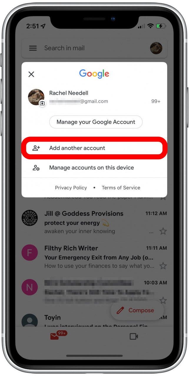 Tippen Sie in der Google Mail-App auf Konto hinzufügen