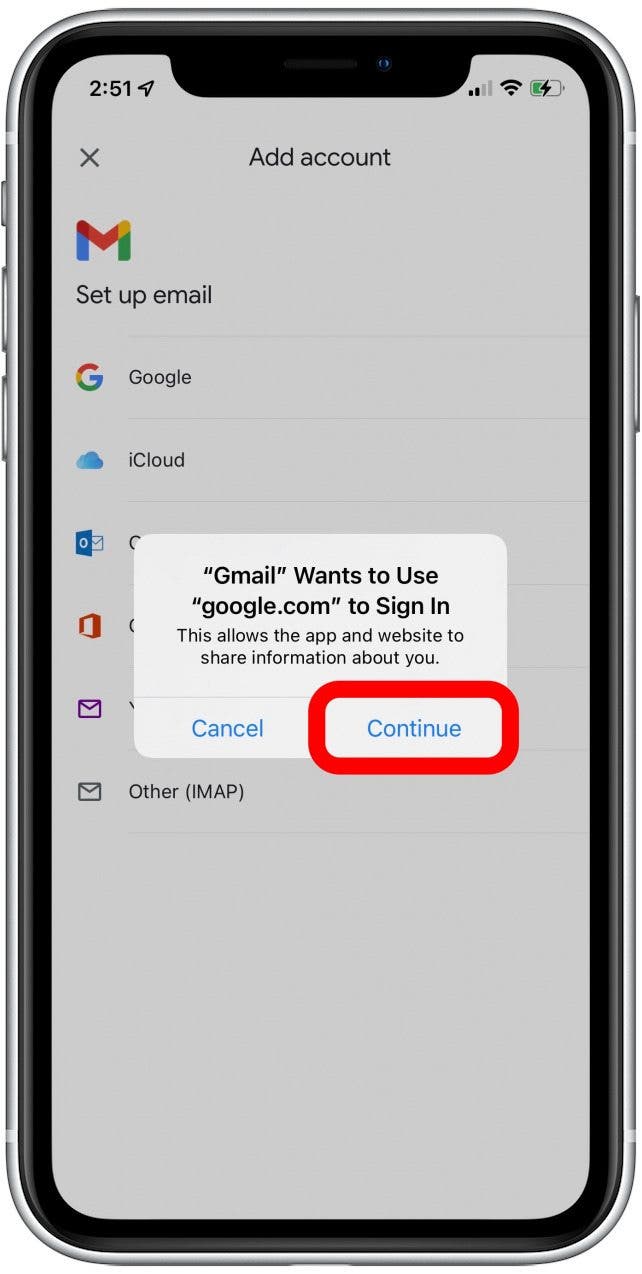 Tippen Sie auf Weiter, um ein weiteres Gmail-Konto hinzuzufügen