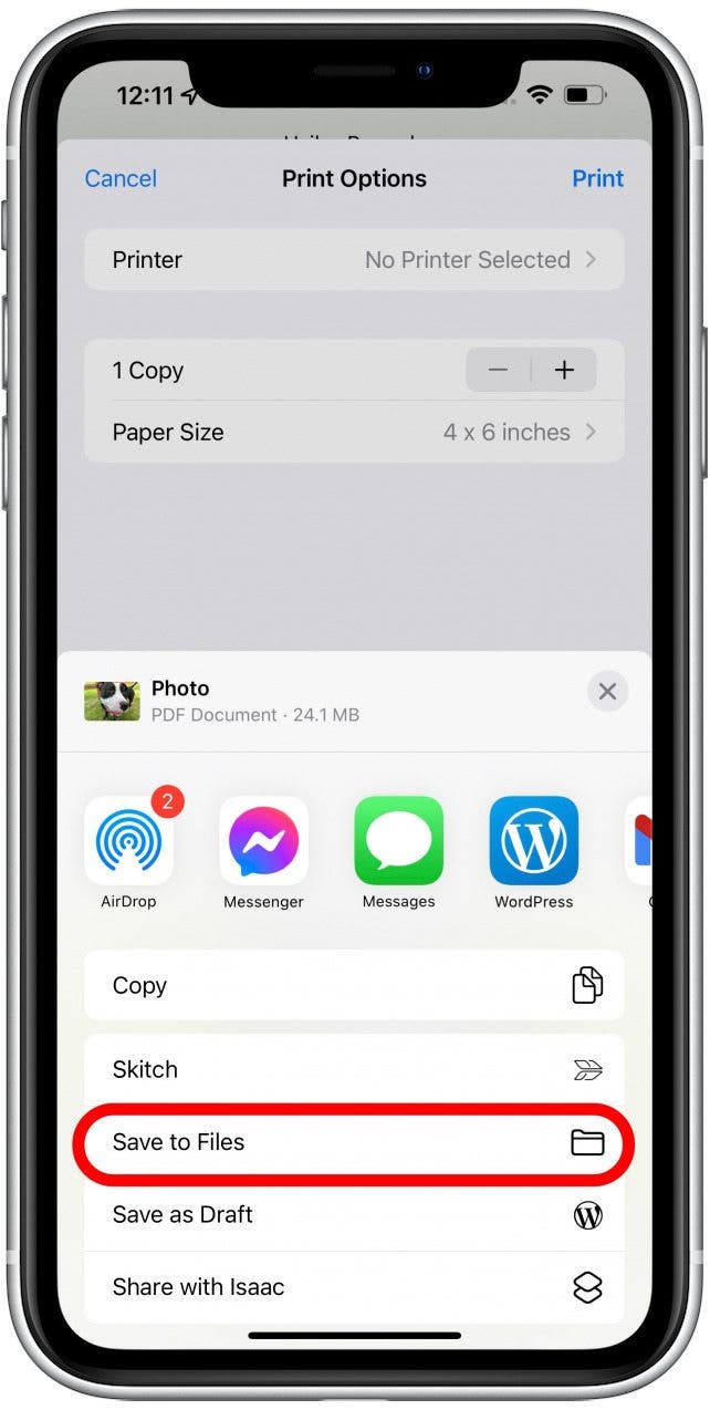 Tippen Sie auf In Dateien speichern, um es als PDF-Dokument auf Ihrem iPhone oder iPad zu speichern.